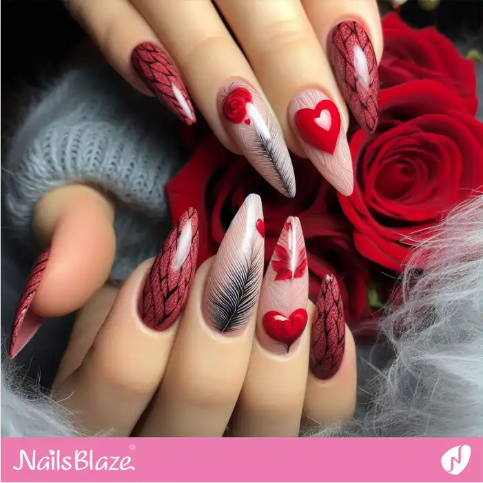 Feather Effect Nails with Hearts and Roses | Valentine Nails - NB2745